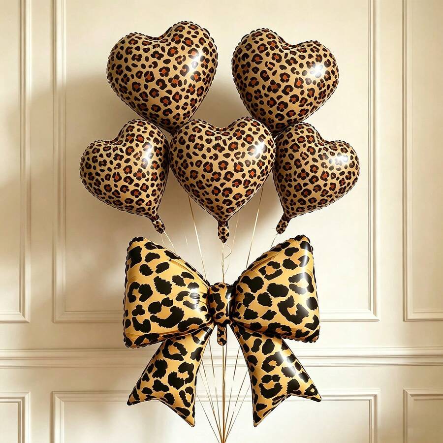 6pcs/Set 38-Inch Large Leopard Print Bow Foil Balloons Set, Suitable For Wedding, Party, Valentine's Day, Birthday, Bachelorette Party Decoration - Multicolor - View 1