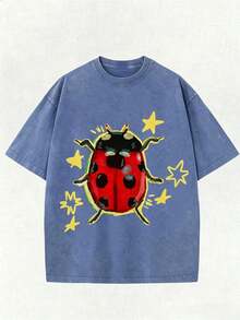 Washed Blue Unisex Tee, Star & Ladybug Print, Vintage Distressed Style, Premium Fabric, Summer Graphic Top, Ideal For Daily Wear & Holiday Gifts - 藍色 - 查看 10