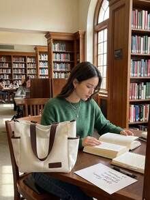 Minimalist Solid Color Canvas Tote Bag, Large Capacity Crossbody Bag, Portable Travel Shoulder Bag, Casual Handbag, Suitable For Outdoor Travel Or Commuting, Vintage Multi-Pocket Handbag, Multi-Functional Square Backpack, Large Capacity Student Tote Bag, Multi-Compartment Design, Perfect For Beach, School, Work And Daily Use, Women's Handbag, College Mother's Day Gift, Travel Essential - Beige - View 15