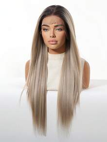 24 Inch 13*6 Ombre Blonde Long Straight Synthetic Lace Front Wig, High Temperature Resistant Fiber, Natural Hairline, Glueless, Suitable For Daily, Office, School, Date, Birthday, Halloween, Christmas, Thanksgiving, Music Festival, Y2K Aesthetic, Gift For Girlfriend, Sister, Mom, Fashion Wig - Blonde Ombre - View 7