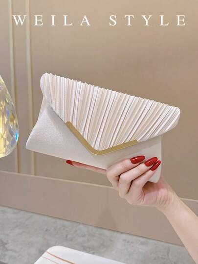 Elegant Pleated Envelope Clutch Bag, Satin Ruched Women's Evening Bag, High-End Formal Clutch For Wedding, Banquet, Party, Ceremony, Celebration, Luxury Shoulder Bag