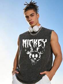 Disney 230g High-Quality Washed Cotton Crew Neck Tank Top, Retro Dark Mickey Print, Loose Fit, Cool & Edgy Streetwear. - 黑色 - 查看 1