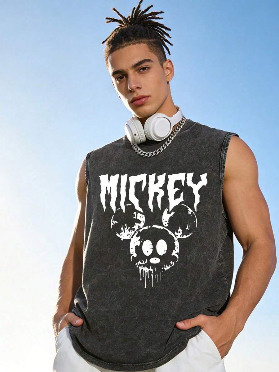 Disney 230g High-Quality Washed Cotton Crew Neck Tank Top, Retro Dark Mickey Print, Loose Fit, Cool & Edgy Streetwear. - 黑色 - 查看 1