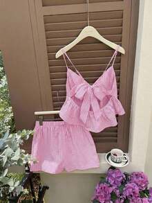 Conjunto de dos piezas para mujer con estampado  azul y blanco, top de tirantes con corte peplum y shorts con cintura elástica y cordón, estilo casual y fresco, ideal para verano, vacaciones, playa, piscina y uso diario - Rosa Pálido - Ver 2