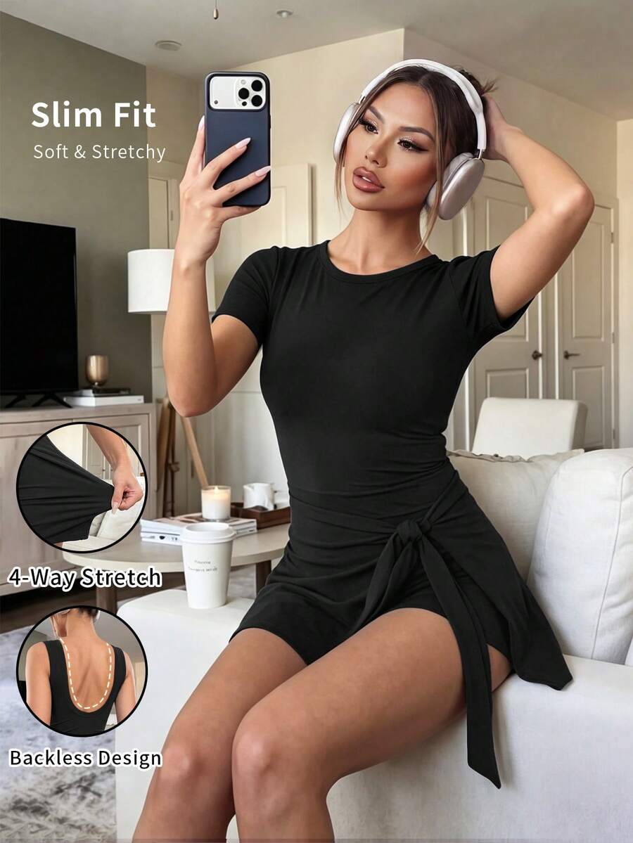 6pecil Women's Tennis Skirt With Short Sleeve Knotted Side Golf Sports Mini Dress With Built-In Shorts - Black - View 1