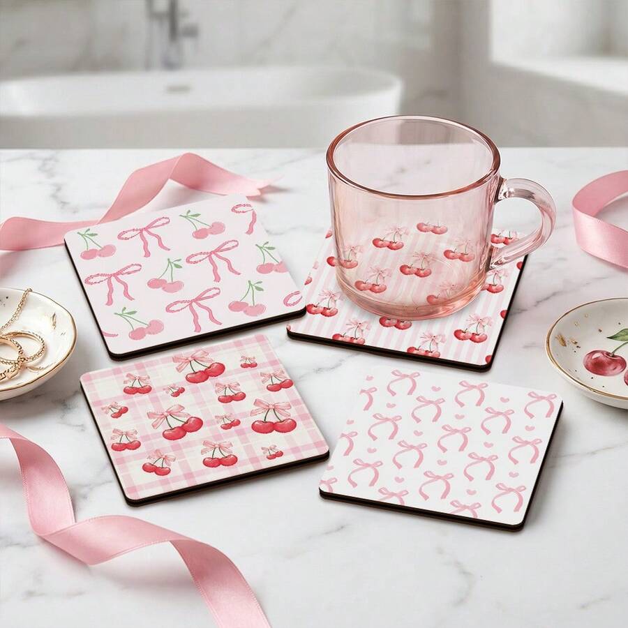 4pcs/Set Fruit Cherry Themed Square Wooden Coasters, Heat Resistant Non-Slip Tabletop Protective Pads, Suitable For Home, Office, Cafe, Party Decor, 2D - Multicolor - View 1