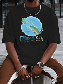 Sommer-Tops: Herren-T-Shirt mit Karibik-Meerkarten-Print – Kurzarm-Design mit tropischen Inseln und Kreuzfahrtschiffen sowie Karibik-Meer-Schriftzug, atmungsaktives Rundhals-Freizeit-Sommer-Strandoutfit, Bahamas-Jamaika-Reise-Themen-Outfit, Baumwoll-T-Shirt, Sommer-Outfit - Schwarz - Übersicht 4