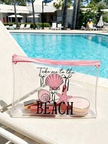 「Take Me To The Beach」印花 PVC 防水海灘包，附貝殼與海星裝飾，PVC 化妝包，PVC 拉鍊收納旅行袋，輕量耐褪色化妝盥洗包，適合女性與男性，TSA 認證便攜化妝收納盒，易清潔設計，適合母親、老師、朋友、護理師，學校假期返校用品盥洗包 - 彩色 - 查看 2