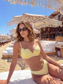Bộ bikini hai mảnh co giãn cao cấp dành cho nữ, có chi tiết bèo nhún, buộc dây phía sau, kiểu dáng thanh lịch thường ngày. - Màu vàng - Xem 10