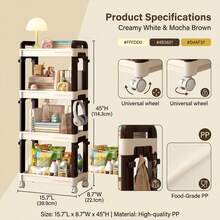 3/4 Tier Multi-Function Rolling Storage Cart With Universal Wheels And Side Hooks, Adjustable Layered Mobile Storage Rack, Suitable For Kitchen, Bathroom, Living Room, Office, University Dormitory Essentials Storage - Coffee Brown - View 5