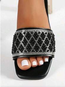 1 Pair Flat Slide Sandals / Solid Color Flat Design Shiny Upper Exquisite Design Rhinestone Decor Easy To Put On And Take Off Easy To Clean Elegant Sophisticated Fashion Versatile Suitable For Daily Wear Shopping Dating Vacation Travel Must-Have Slide Sandals - Black - View 8