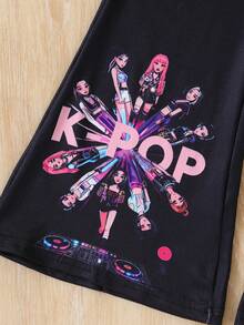Bộ đồ nữ cá tính tay ngắn, áo thun in hình K-POP + quần ống loe 2 món. - Hồng - Xem 5