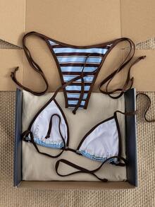 Conjunto de bikini con escote halter y contraste de colores, traje de baño elegante y cómodo para vacaciones de verano en la playa - Azul y blanco 2 - Ver 5