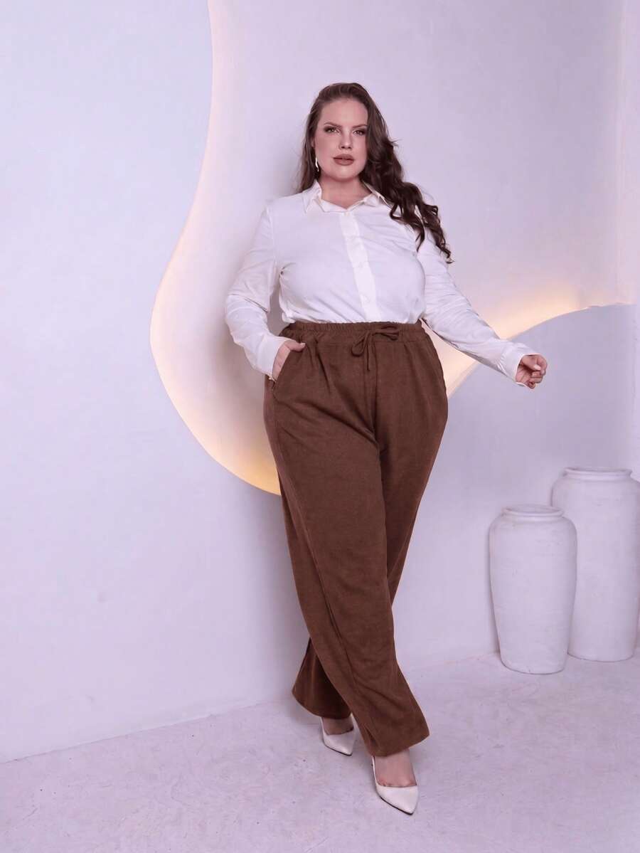 Women's Plus Size Pants In Premium Wool Knit Fabric With Tie Detail And Side Pockets, Sizes GG To G6 - 摩卡棕 - 查看 1