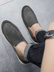 男士休闲鞋，绒面革乐福鞋，经典英伦风男鞋，轻便柔软平底鞋 - 灰色 - 查看 3