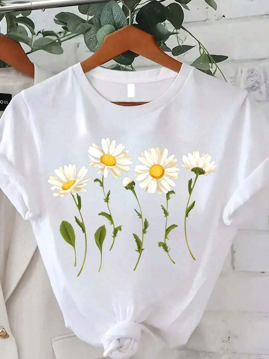 Women's T-Shirt With Small Daisy Print, Summer Fashion For Women, Casual, Comfortable And Soft, For Outdoor Sports And Fitness, Round Neck, Short Sleeve - 白色 - 查看 1