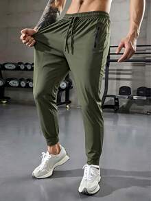 Mens Quick Dry Running Pants, Lightweight Breathable Gym Fitness Jogger Pants, Elastic Cuff Drawstring Waist Army Green Trousers - Army Green - View 3