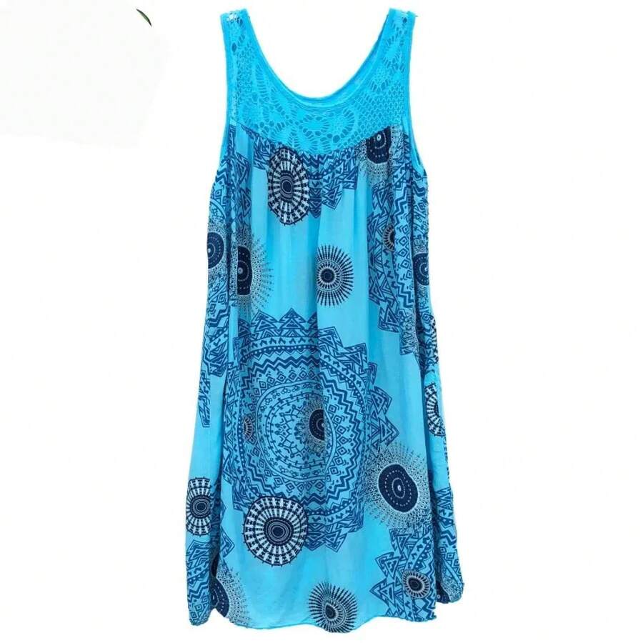 Ropa de mujer, vestido camisola sin mangas de verano con estampado de encaje sin mangas, vestido sexy holgado con vuelo grande, falda larga de talla grande - dijo - Ver 1
