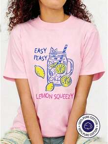 Easy Peasy Lemon Squeezy T-Shirt - T-Shirt With Cute Lemon Print, 100% Cotton, Comfortable Casual Style, Summer Special, Black Round Neck, Short Sleeve T-Shirt, 2026 Concert And Festival Wear For Women. - 粉色 - 查看 7