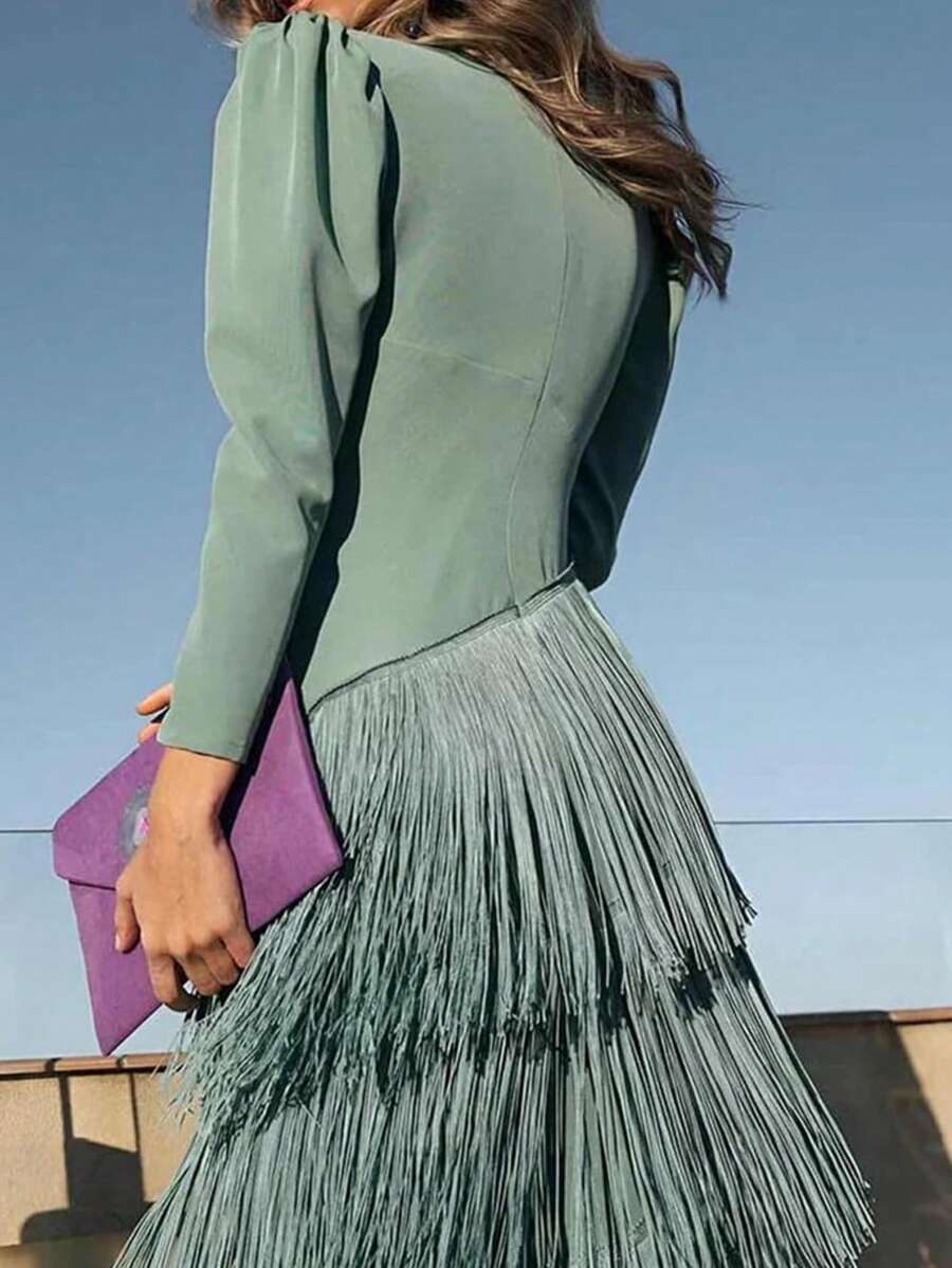 Ladies' Tassel Long Sleeved Long Sleeved Deep V-Neck Bubble Sleeve Wrapped Elegant Cocktail Party Wedding Tassel Skirt - 薄荷綠 - 查看 1