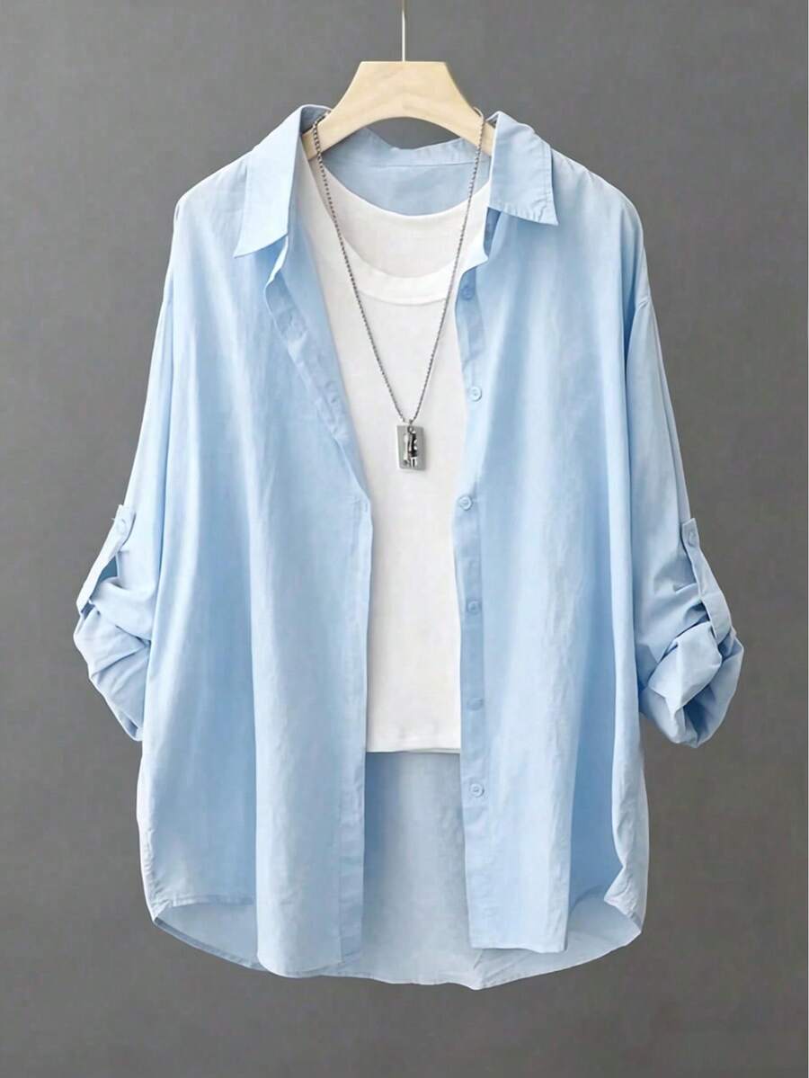 Women's Lightweight White Sun Protection Oversized Shirt - Light Wash - View 1