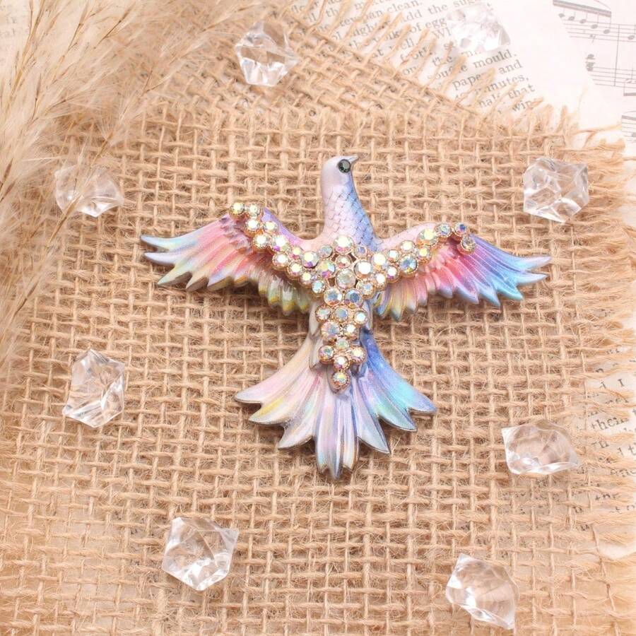 Rainbow Phoenix Brooch, Gold-Tone With Ombre Enamel & AB Rhinestone, Women's Fantasy Bird Pin For Coat, Scarf & Gift - Màu tím hoa cà - Xem 1