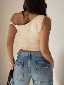 Blusa de verano de color liso, de hombro oblicuo y manga corta para mujer - Albaricoque - Ver 2