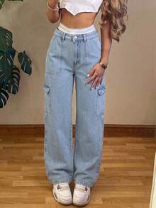 Women's Fashion Street Mid-Rise Pocket Work Wear Straight Leg Jeans Casual Spring - Light Wash - View 4