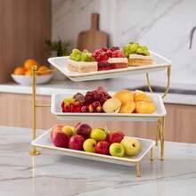 Bandeja giratoria de 3 niveles de gran tamaño, soporte de metal plegable y giratorio con bandejas de plástico blanco de múltiples capas, adecuado para exhibición de frutas y postres, exhibición de bodas y fiestas de cumpleaños - Multicolor - Ver 11