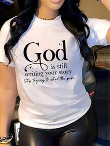 Dios aún está escribiendo tu historia. Camiseta casual de manga corta para mujer, 1 pieza de algodón grueso - cuello redondo cómodo, camiseta suave y bonita. - Blanco - Ver 2