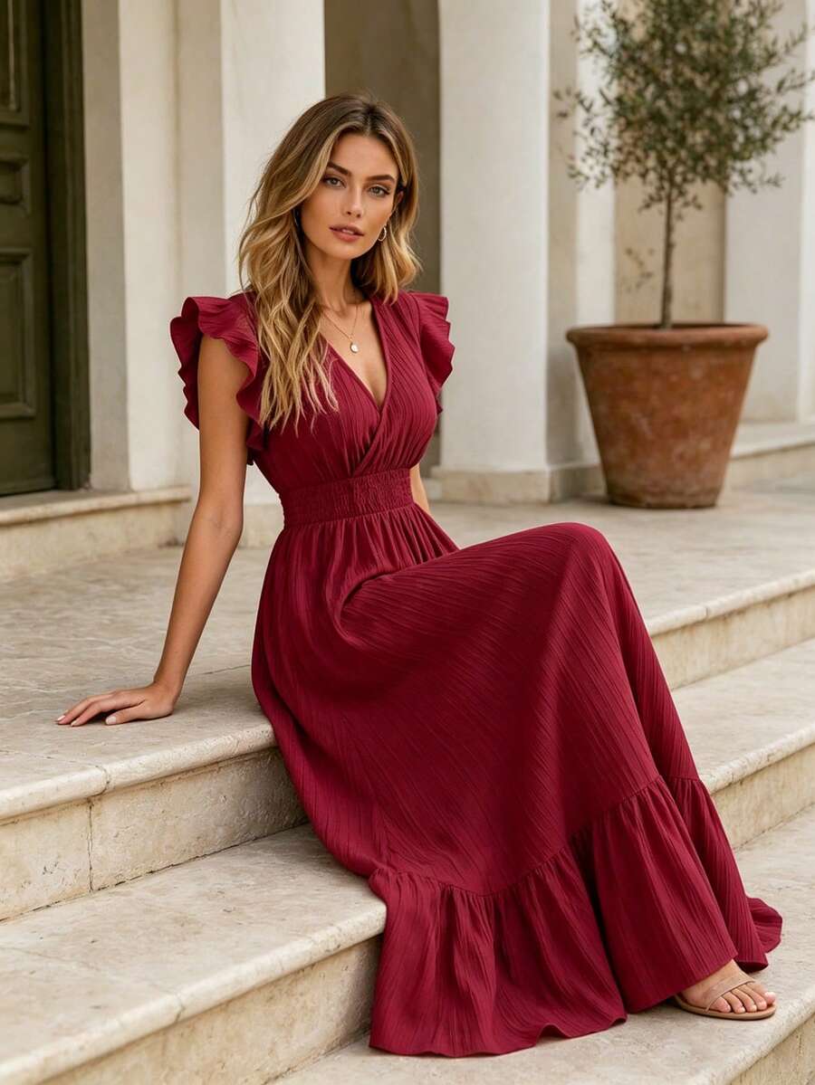 Women's Long Dress With Ruffled Hem, Perfect For Casual Dresses With A Cinched Waist, Perfect For Vacation, Travel, Dates And Holidays. - Red - View 1
