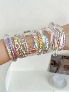 Bộ 8 chiếc vòng tay acrylic trong suốt cầu vồng cá nhân hóa, vòng tay dày dặn, bất đối xứng, kiểu dáng độc đáo, trang sức dành cho nữ. - Nhiều màu - Xem 1