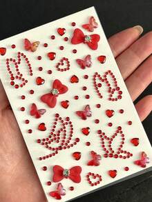 1 Tờ Hình Dán Mặt Hình Trái Tim và Bướm Đỏ 3D Tự Dính, Đá Đính Mặt, Trang Trí Mặt, Trang Trí Tiệc, Lễ Hội, Tự Làm Nơ, Hình Dán Mặt Pha Lê, Kim Cương - Đỏ - Xem 3