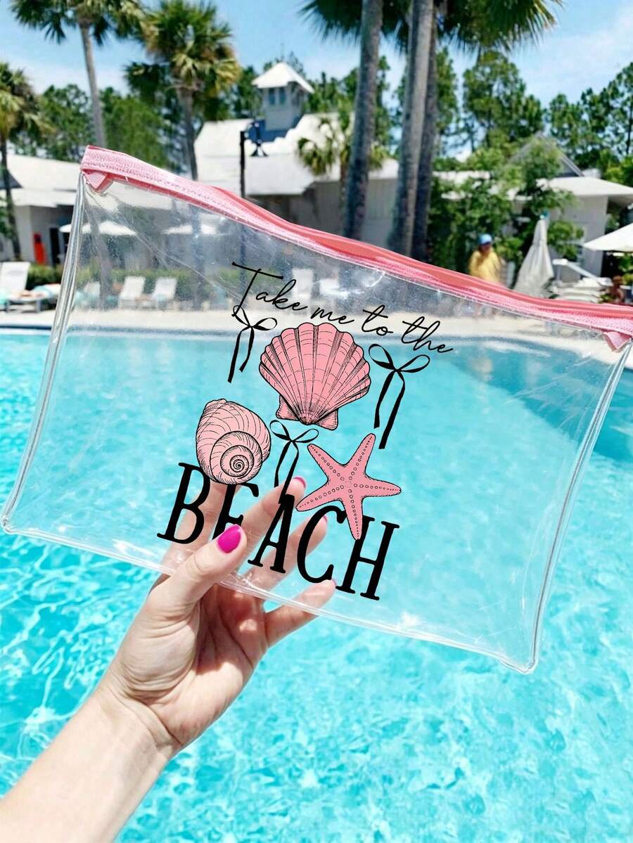 「Take Me To The Beach」印花 PVC 防水海灘包,附貝殼與海星裝飾,PVC 化妝包,PVC 拉鍊收納旅行袋,輕量耐褪色化妝盥洗包,適合女性與男性,TSA 認證便攜化妝收納盒,易清潔設計,適合母親、老師、朋友、護理師,學校假期返校用品盥洗包 - 彩色 - 查看 1