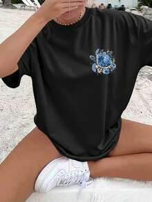 Front And Back Double-Sided Print, Women's Summer Loose Fit Casual Top, Watercolor Sea Turtle And Floral Print, Oversized Short-Sleeved T-Shirt With Round Neck And Dropped Shoulders, Ling K-T Shirt Damen. - Black - View 2