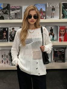 Áo len nữ Jennie Growth màu trắng kem, kiểu dáng rộng rãi, khoét lỗ, thích hợp cho phong cách đường phố mùa xuân/hè, mặc hàng ngày và đi biển. - Màu trắng sữa - Xem 8