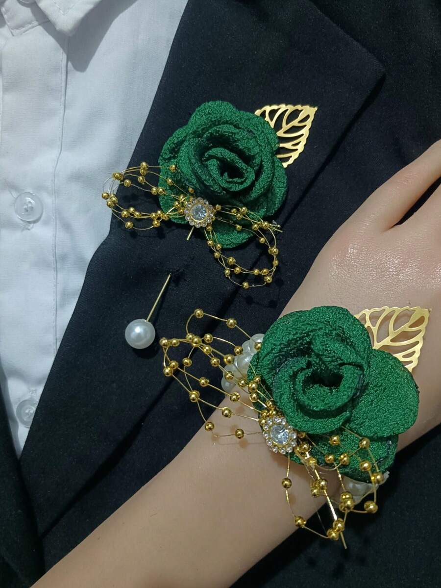 1 hoa cài áo chú rể + 1 hoa cài cổ tay, trang trí hoa kép màu sâm panh và xanh dương, thanh lịch cho đám cưới, chú rể, cô dâu, phù dâu, tiệc tùng, hoặc đeo hàng ngày. - Màu xanh lá cây đậm - Xem 1