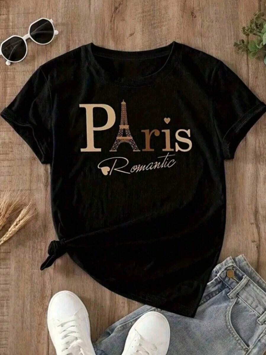 SimpieAndVersatileDesignLDA estampado camiseta de París de manga corta cuello redondo casual mujer sobrepesoCottonT-Shirt - Negro - Ver 1