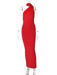 Vestido negro elegante de verano con espalda descubierta y drapeado - Rojo - Ver 4