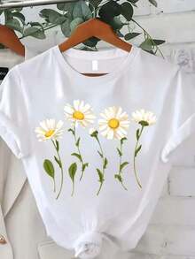 Women's T-Shirt With Small Daisy Print, Summer Fashion For Women, Casual, Comfortable And Soft, For Outdoor Sports And Fitness, Round Neck, Short Sleeve - 白色 - 查看 5