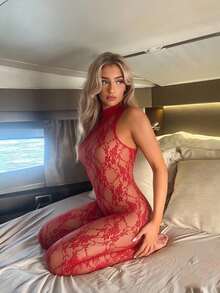 Women's Lace Bodysuit Ruffled Collar Sleeveless Backless Sheer Fitted Jumpsuit Summer - Red - View 4