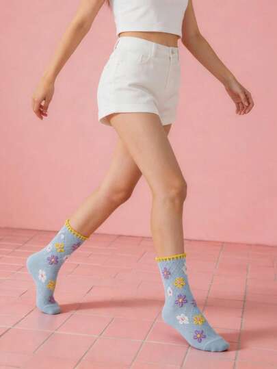 1 Pair Blue Ditsy Floral Long Socks, Comfortable & Breathable For Sports And Daily Wear