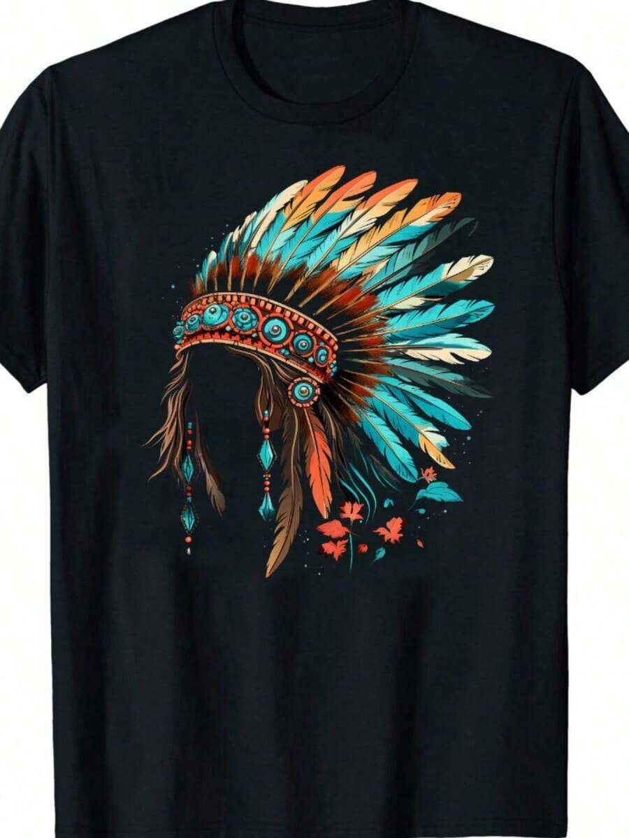 Classic Casual Cotton T-Shirt With Headdress Design, Feather Detail, Crew Neck, Knit Fabric, Regular Fit, Sizes S-3XL, For Training And Outdoor Activities, Summer T-Shirt - 黑色 2 - 查看 1