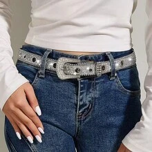 1pc Rivet Decor Rhinestone Embellished Fashionable Wide Metal Belt, Suitable For Daily Wear - Silver - View 6