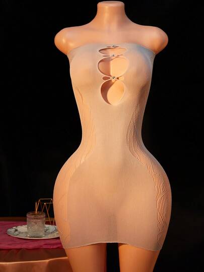 Lencería sexy para mujer, vestido mini sin tirantes body con recorte circular y decoración de diamantes brillantes, lencería ajustado para fiesta de club