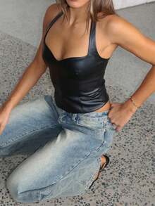 Fashionable Chic Charming Fantasy Sexy Leather Spaghetti Strap Crop Top, Bodycon Waist Cincher, Going Out - Black - View 5