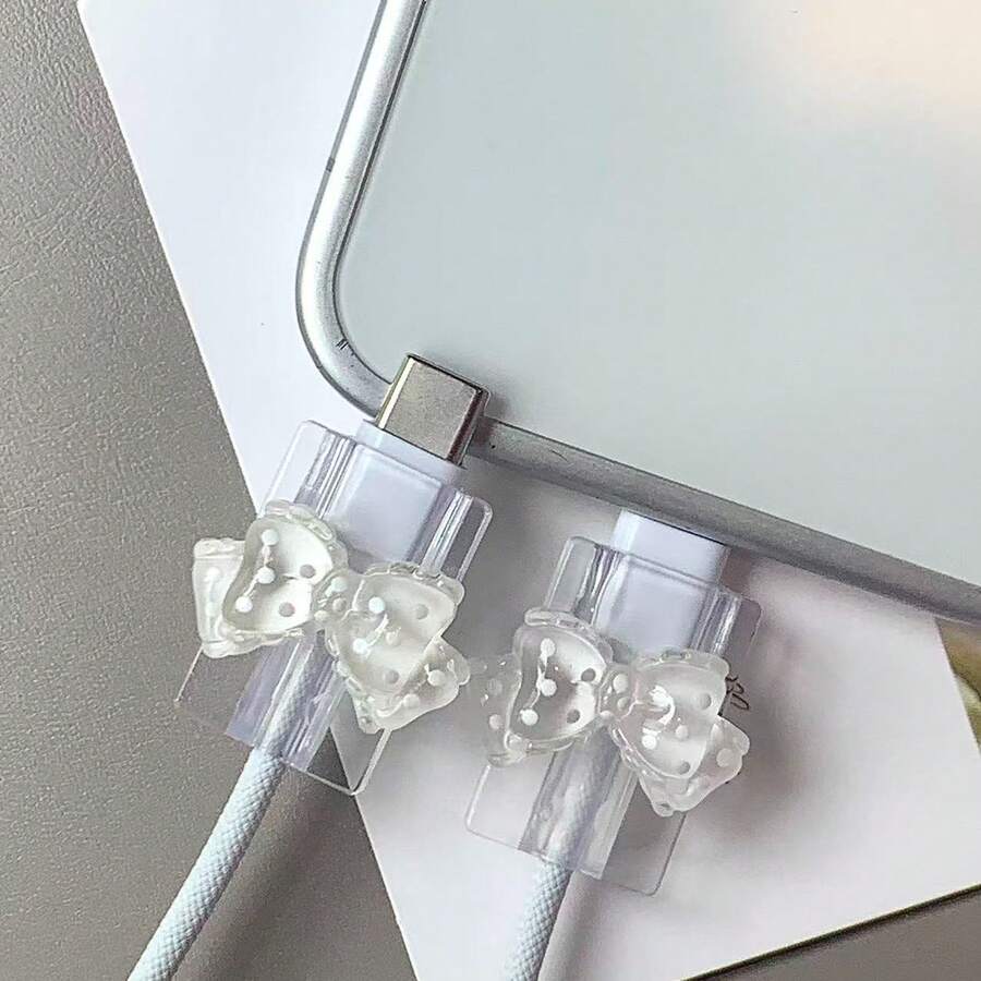 2个透明可爱蝴蝶结波点3D立体数据线保护套,20W通用Type-C安卓礼品 - 彩色 - 查看 1