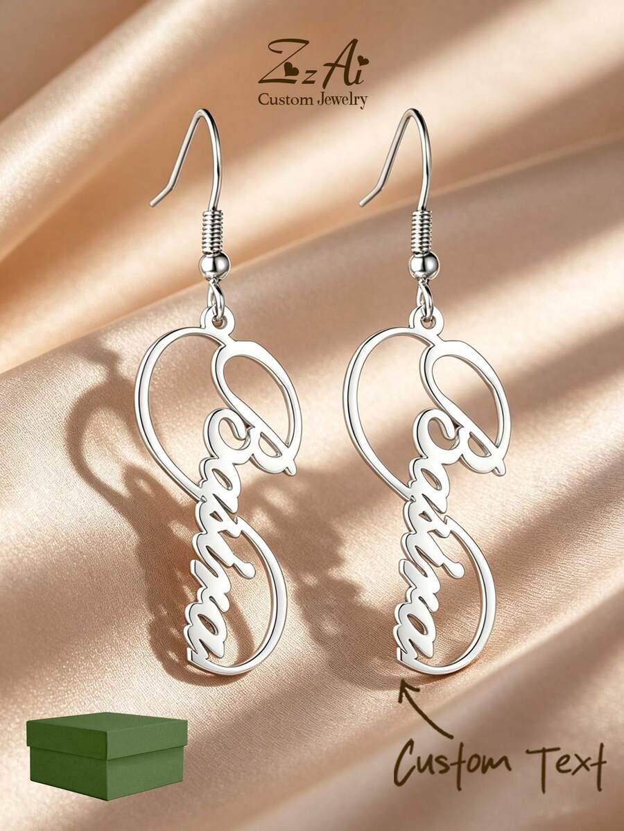 [ZzAi Custom]1pc Exaggerated High-End Personalized Custom English Letter Pendant Earrings, European And American Stainless Steel Jewelry, 18K Gold Plated Stainless Steel Earrings, Includes Gift Box, Suitable As Gift For Friends, Lovers, Family, Holiday Gift - Silver - View 1