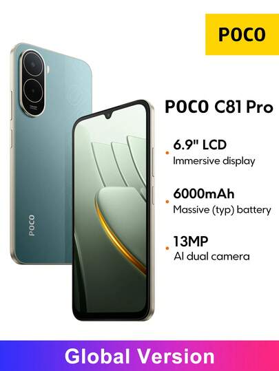 Xiaomi POCO C81 Pro 全球版智能手机，配备 6.9 英寸沉浸式显示屏，支持 120Hz 高刷新率，搭载强劲的八核处理器，拥有 6000mAh（典型值）大容量电池，采用 Wet Touch 2.0 技术，内置 Google Gemini 智能助手，外观时尚简约。