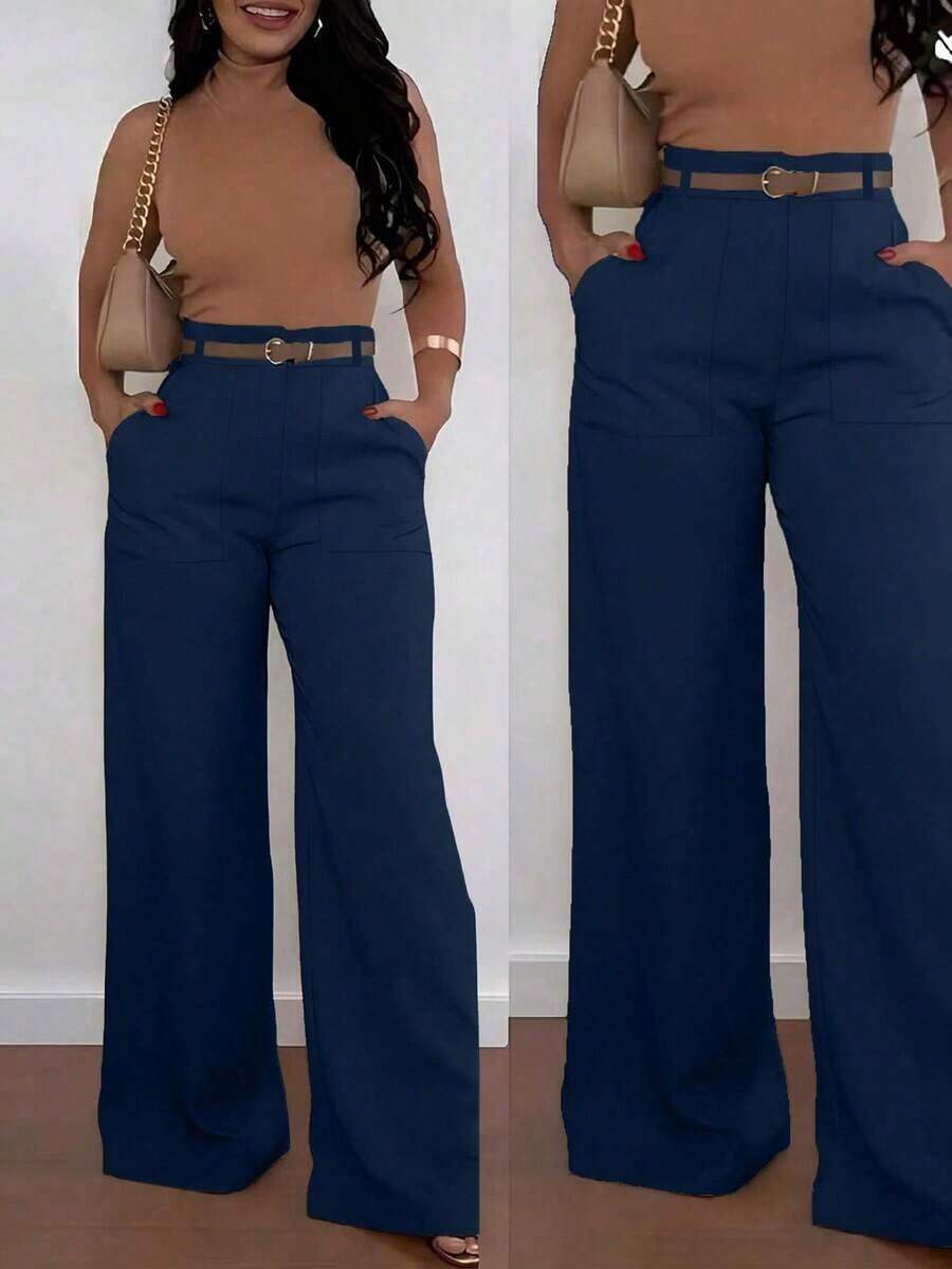 Pantalones casuales de pierna recta y cintura alta de moda para mujer, primavera - Azul marino - Ver 1